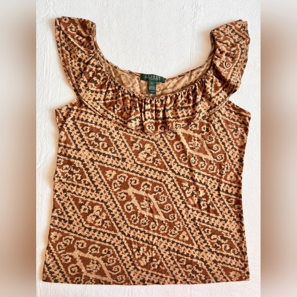 Lauren Ralph Lauren - Tanned Brown Patterned - Cotton Ruffle Shirt - Picture 2 of 5
